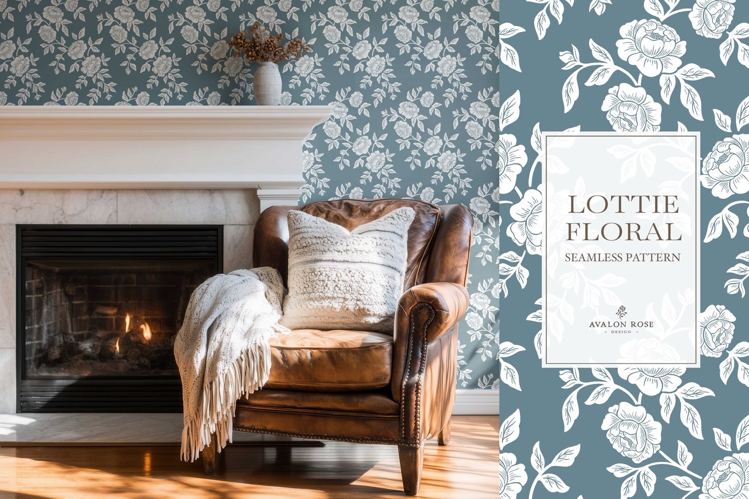 Vintage-inspired farmhouse style seamless surface pattern featuring hand-drawn rose climbing florals and leaves in medium blue and white on wallpaper in a room with a fireplace and leather chair