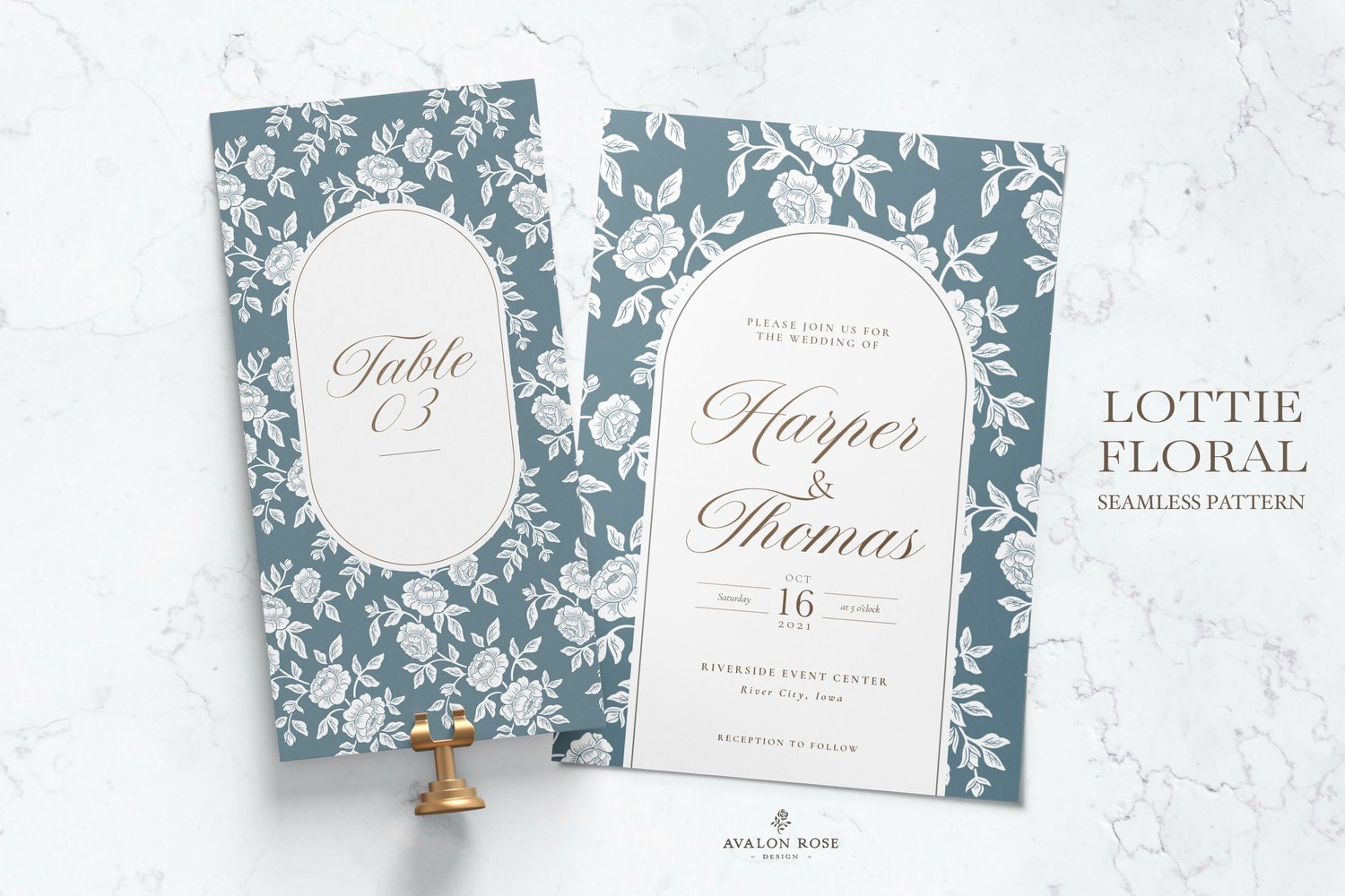 Vintage-inspired farmhouse style seamless surface pattern featuring hand-drawn rose climbing florals and leaves in medium blue and white on wedding invitations