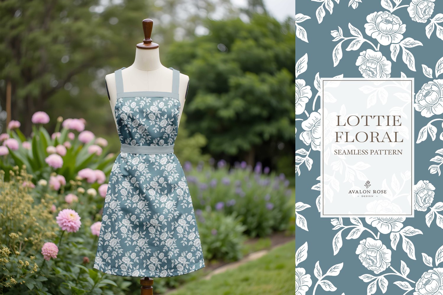 Vintage-inspired farmhouse style seamless surface pattern featuring hand-drawn rose climbing florals and leaves in medium blue and white on an apron on a dress form in a flower garden