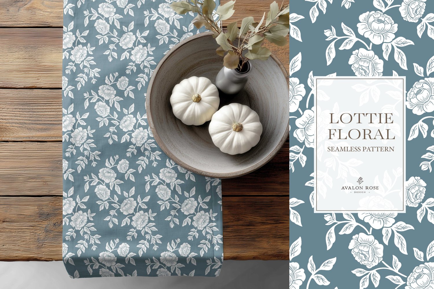 Vintage-inspired farmhouse style seamless surface pattern featuring hand-drawn rose climbing florals and leaves in medium blue and white on a table runner next to a bowl of white pumpkins