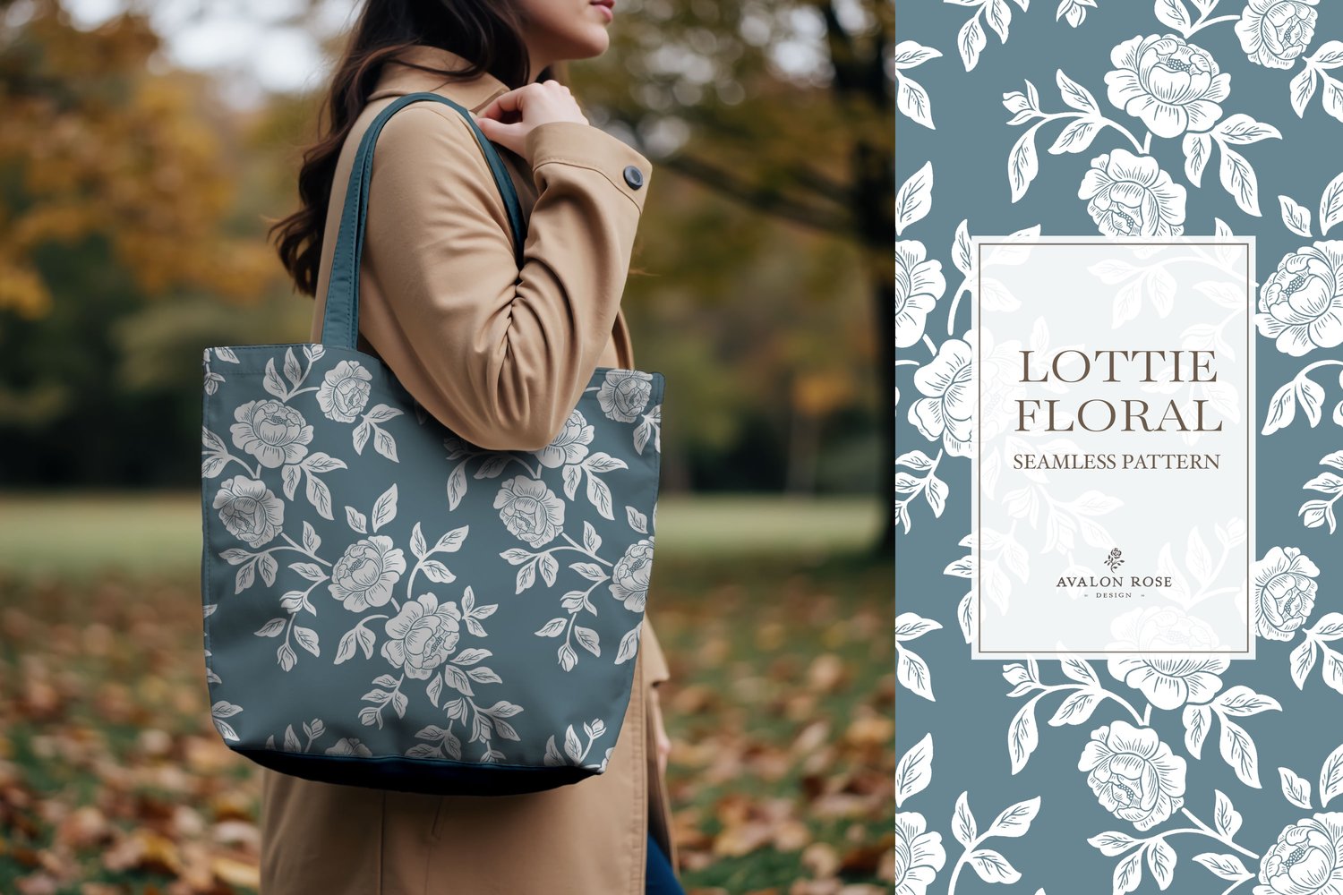 Vintage-inspired farmhouse style seamless surface pattern featuring hand-drawn rose climbing florals and leaves in medium blue and white on a tote bag held by a woman in an autumn park