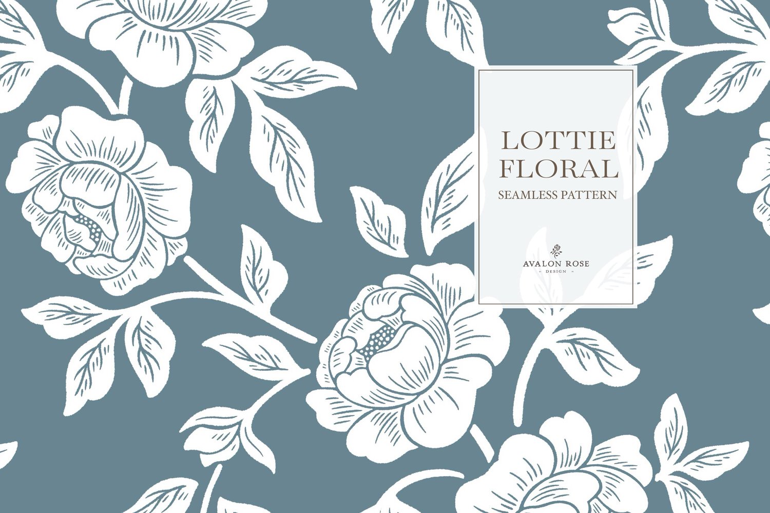Vintage-inspired farmhouse style seamless surface pattern featuring hand-drawn rose climbing florals and leaves in medium blue and white