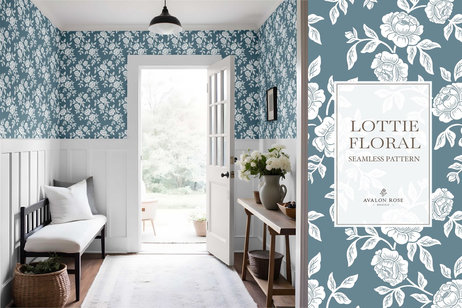 Vintage-inspired farmhouse style seamless surface pattern featuring hand-drawn rose climbing florals and leaves in medium blue and white on wallpaper in an entryway with white wainscoting and benches