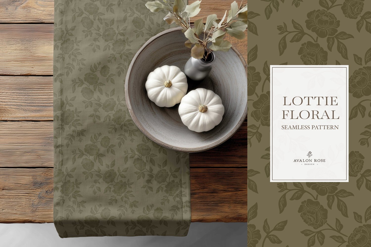 Vintage-inspired farmhouse style seamless surface pattern featuring hand-drawn rose climbing florals and leaves in tonal olive green on a table runner next to a bowl with white pumpkins