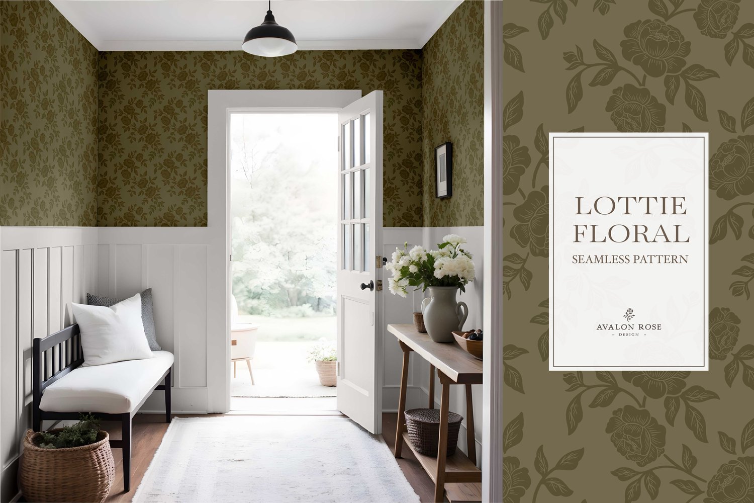 Vintage-inspired farmhouse style seamless surface pattern featuring hand-drawn rose climbing florals and leaves in tonal olive green on wallpaper in an entryway with white wainscoting, benches, and an open door