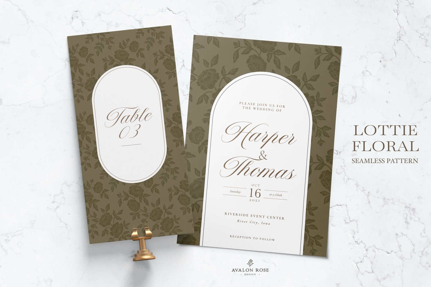 Vintage-inspired farmhouse style seamless surface pattern featuring hand-drawn rose climbing florals and leaves in tonal olive green on wedding invitations