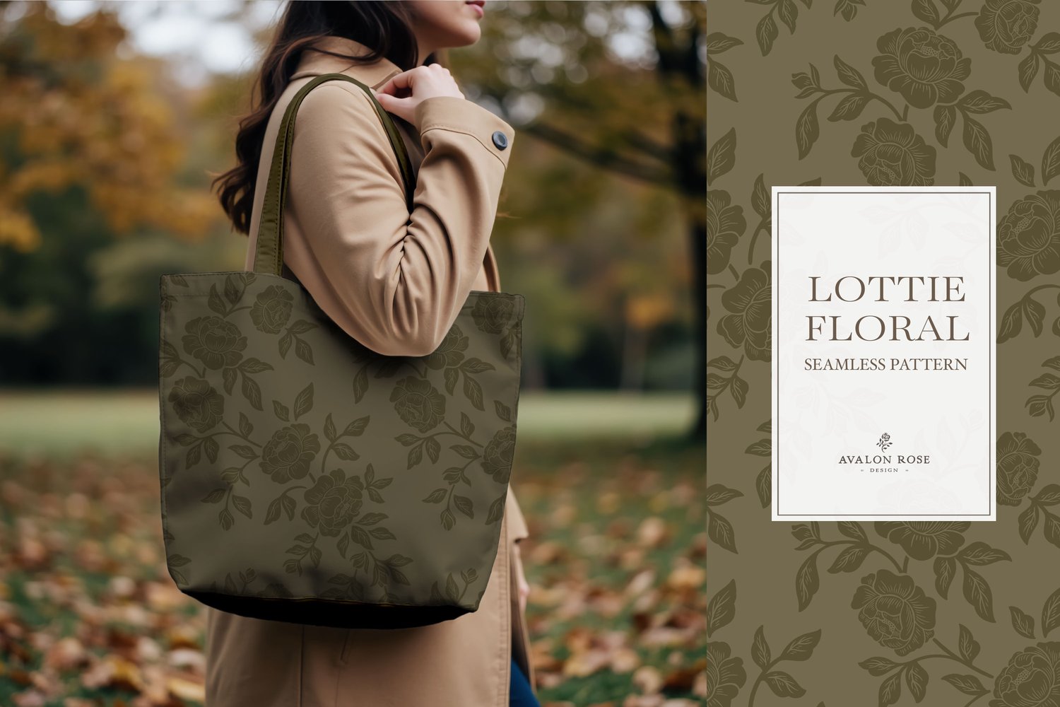 Vintage-inspired farmhouse style seamless surface pattern featuring hand-drawn rose climbing florals and leaves in tonal olive green on a tote bag held by a woman in an autumn park