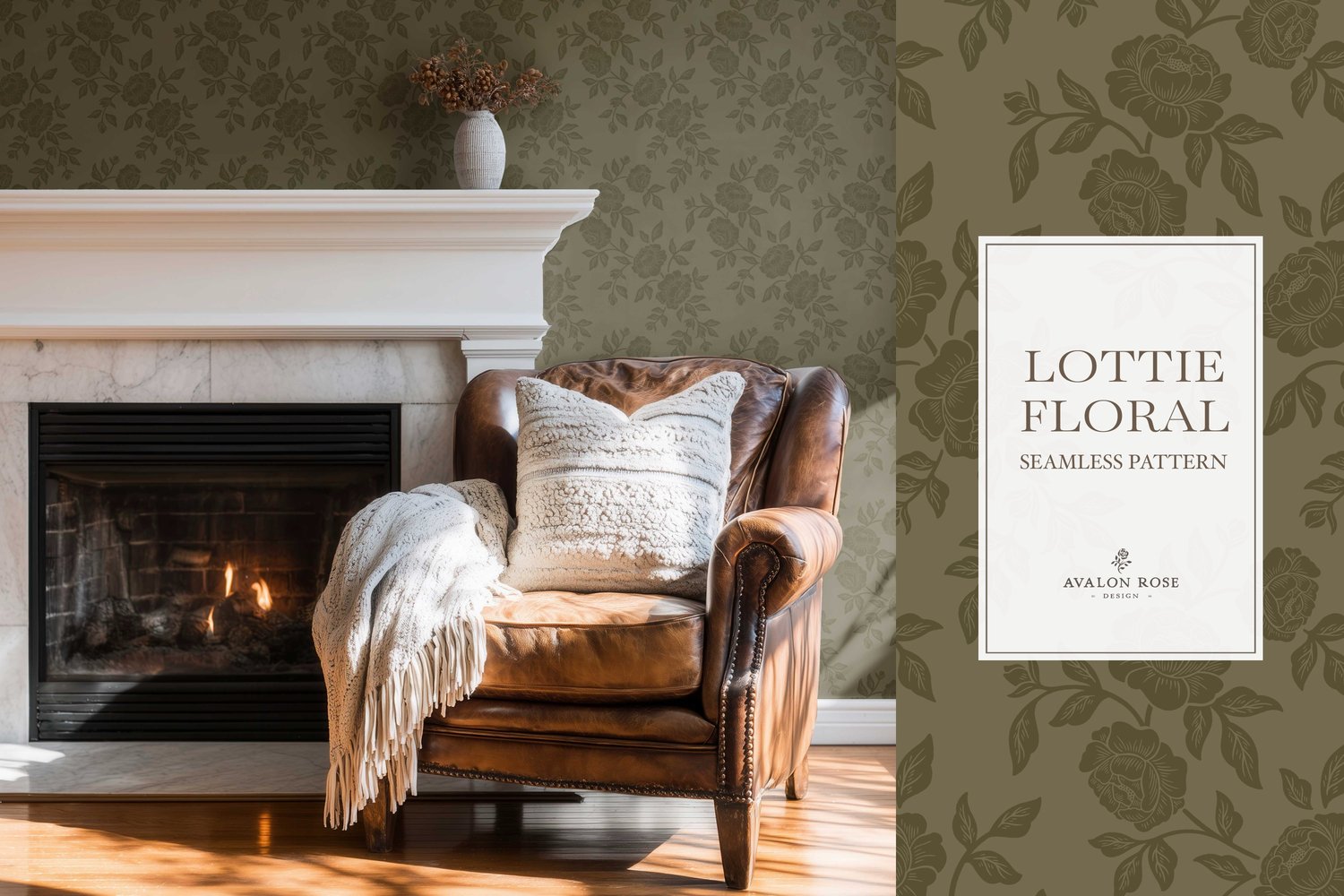 Vintage-inspired farmhouse style seamless surface pattern featuring hand-drawn rose climbing florals and leaves in tonal olive green in a room with a fireplace and leather chair