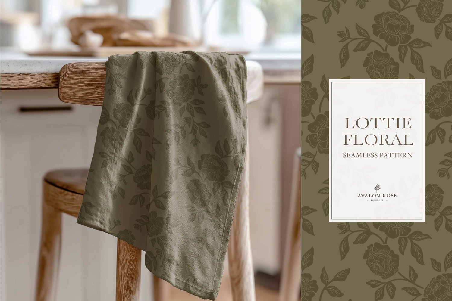 Vintage-inspired farmhouse style seamless surface pattern featuring hand-drawn rose climbing florals and leaves in tonal olive green on a tea towel hanging over a wooden chair