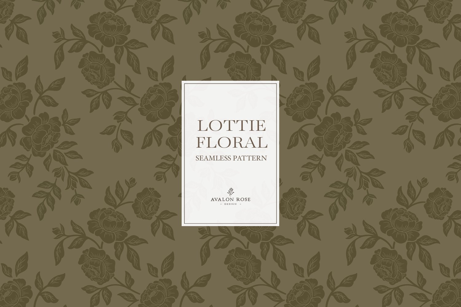 Vintage-inspired farmhouse style seamless surface pattern featuring hand-drawn rose climbing florals and leaves in tonal olive green