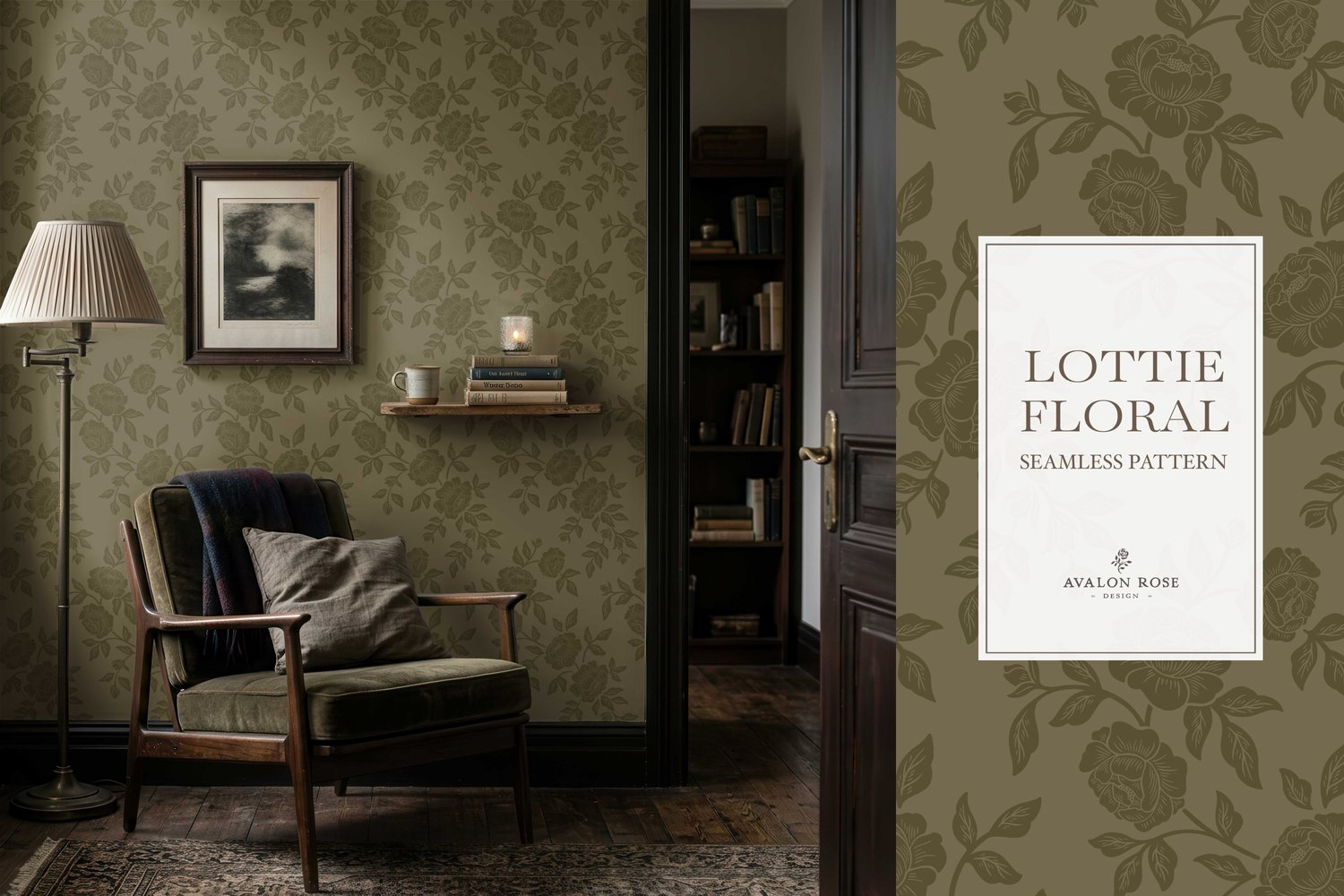 Vintage-inspired farmhouse style seamless surface pattern featuring hand-drawn rose climbing florals and leaves in tonal olive green in a room with a chair and standing lamp
