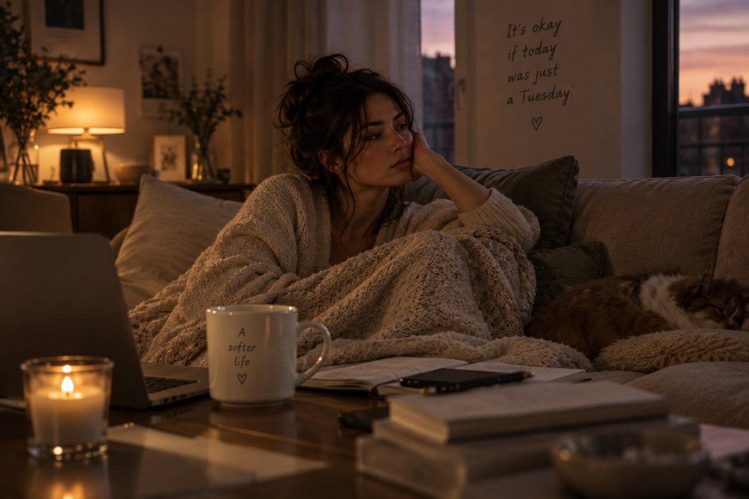 Tired woman resting on the couch after an ordinary day, reflecting on why she feels exhausted even when she hasn’t done much.