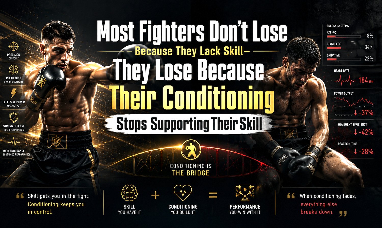 Fighter's conditioning. Most fighters don't lose to better technique—they lose when fight conditioning fails and skill collapses under fatigue.