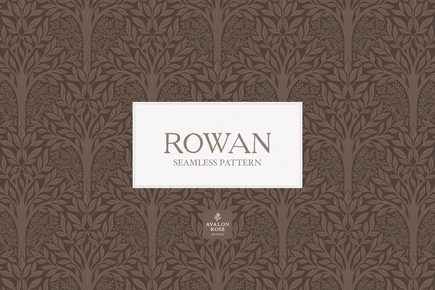 Hand drawn seamless pattern featuring woodland trees and leaves in dark brown