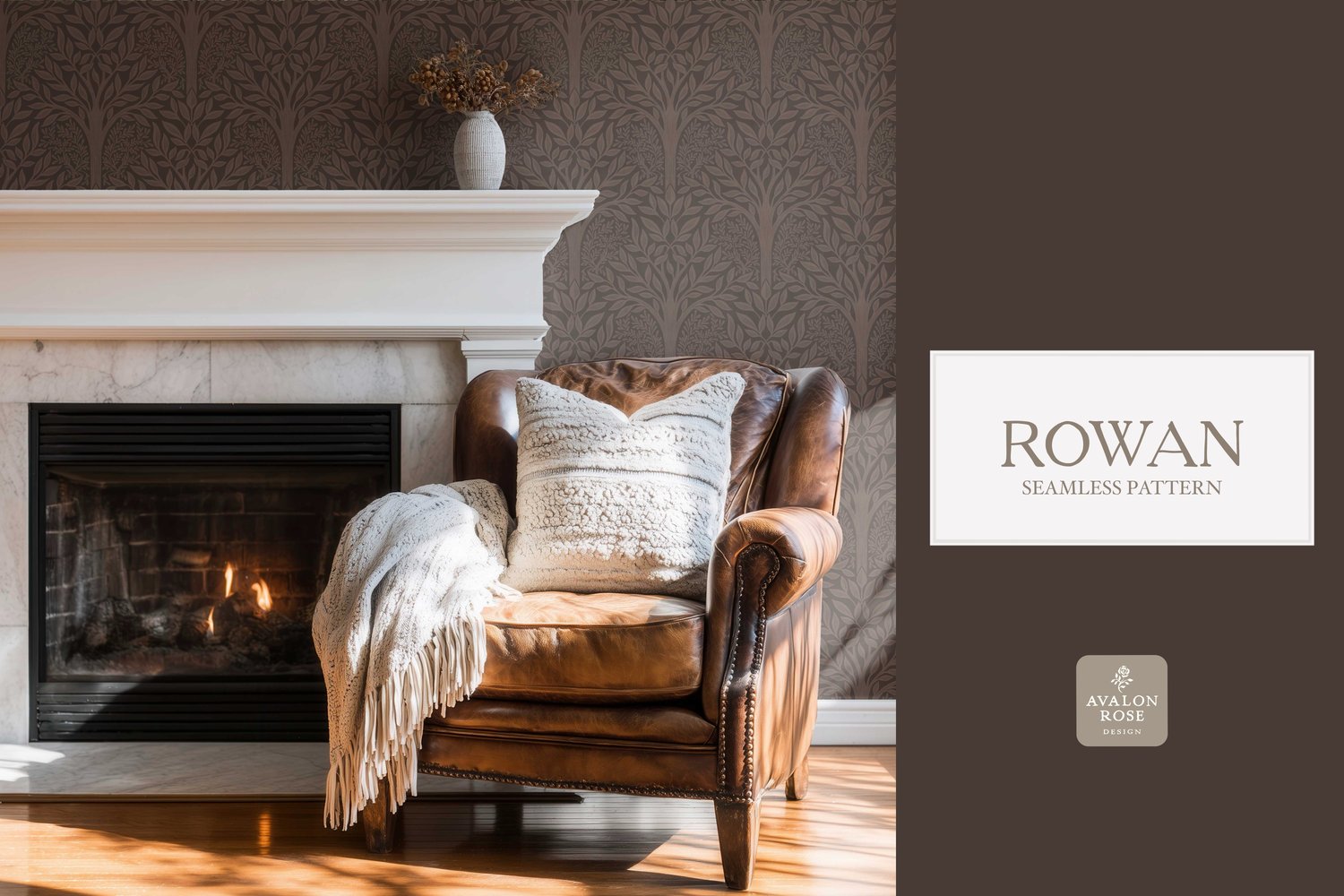 Hand drawn seamless pattern featuring woodland trees and leaves in dark brown on wallpaper in a room with a fireplace