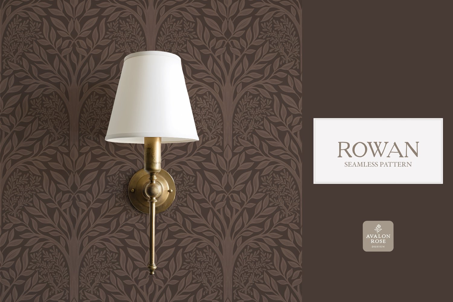 Hand drawn seamless pattern featuring woodland trees and leaves in dark brown on wallpaper behind a brass wall sconce