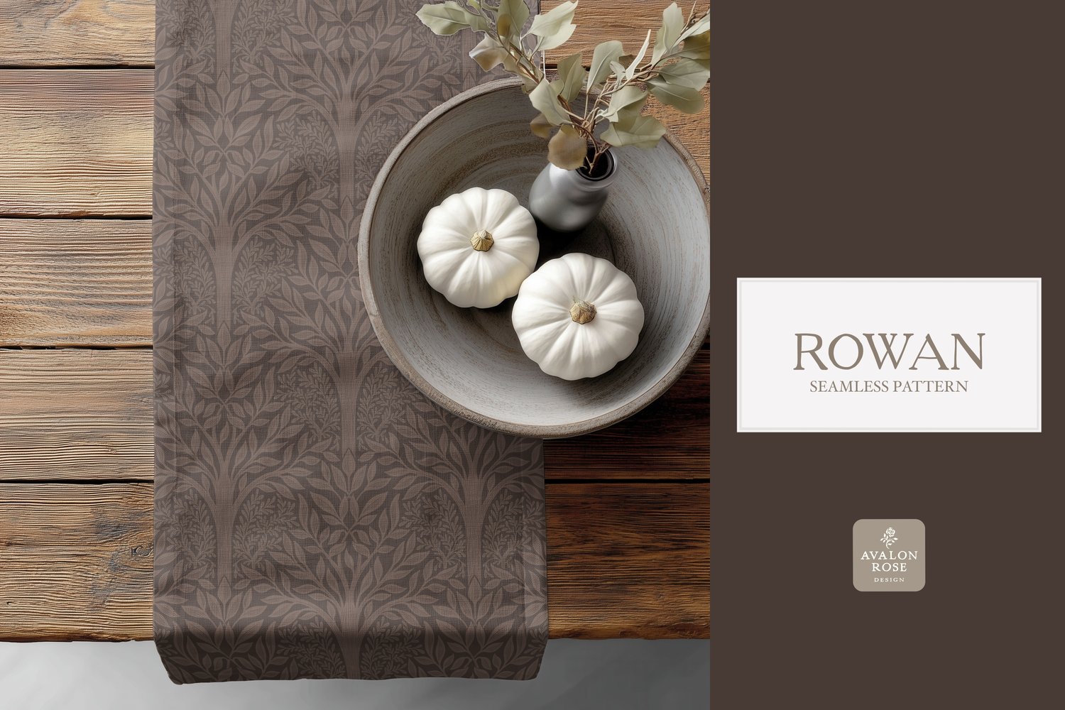 Hand drawn seamless pattern featuring woodland trees and leaves in dark brown on a table runner next to a bowl of white pumpkins