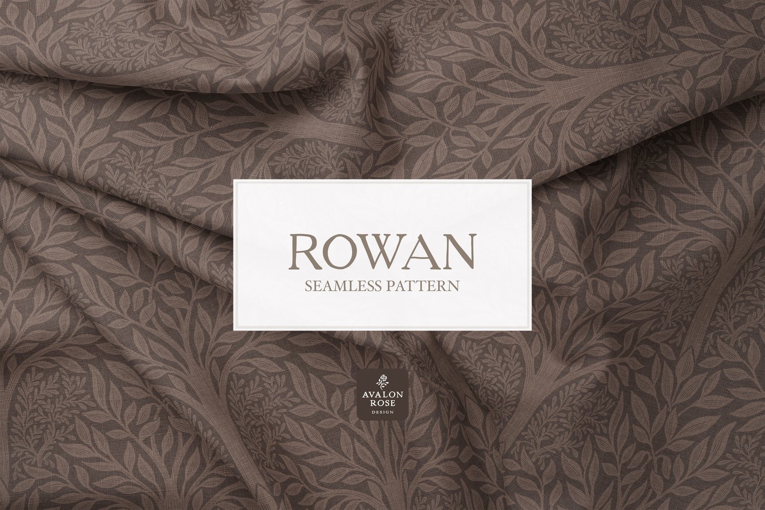 Hand drawn seamless pattern featuring woodland trees and leaves in dark brown on creased fabric