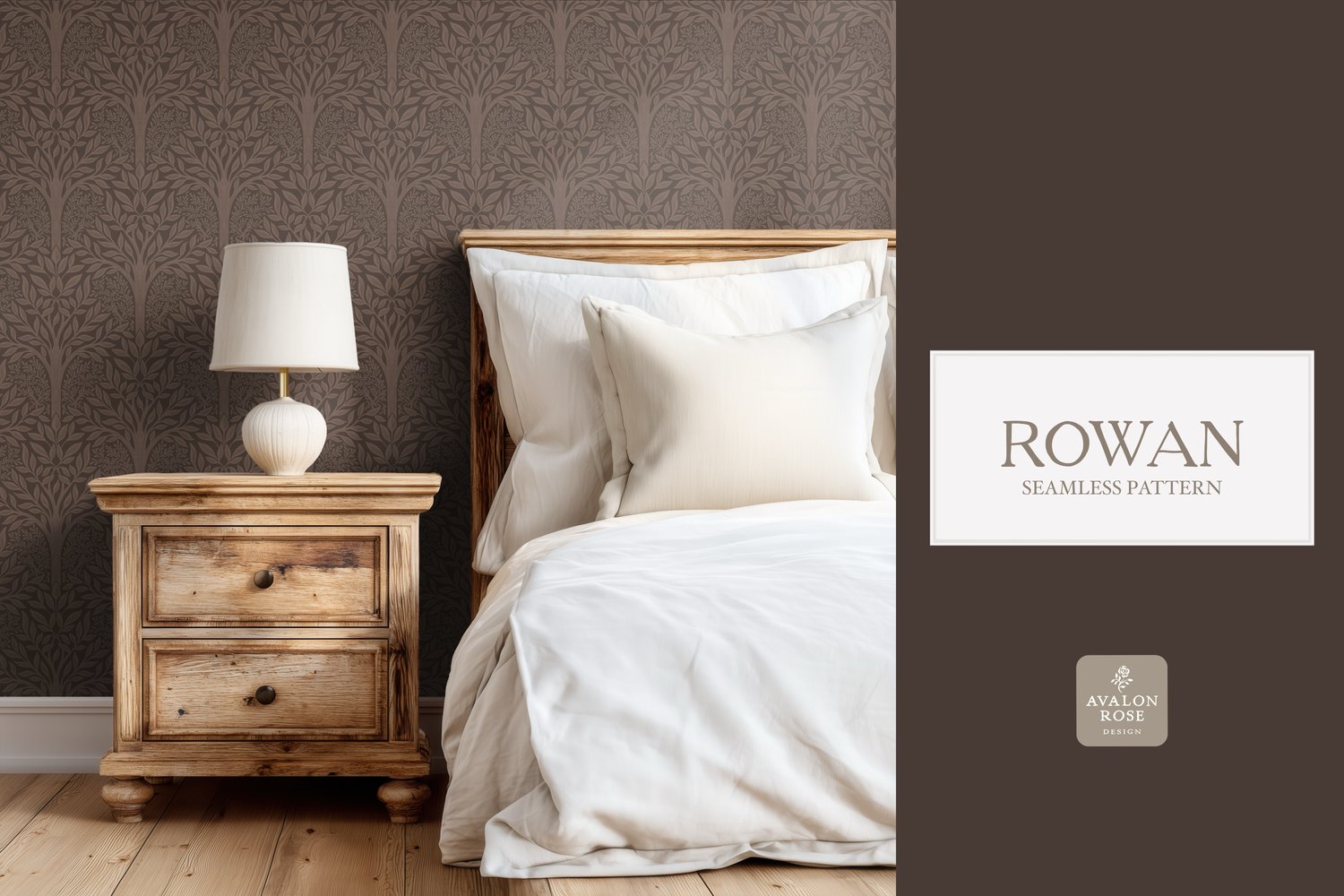 Hand drawn seamless pattern featuring woodland trees and leaves in dark brown on wallpaper in a bedroom