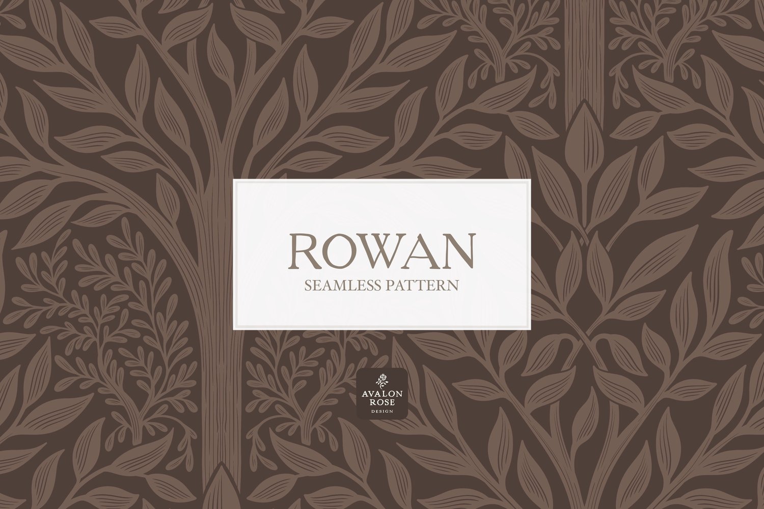 Hand drawn seamless pattern featuring woodland trees and leaves in dark brown