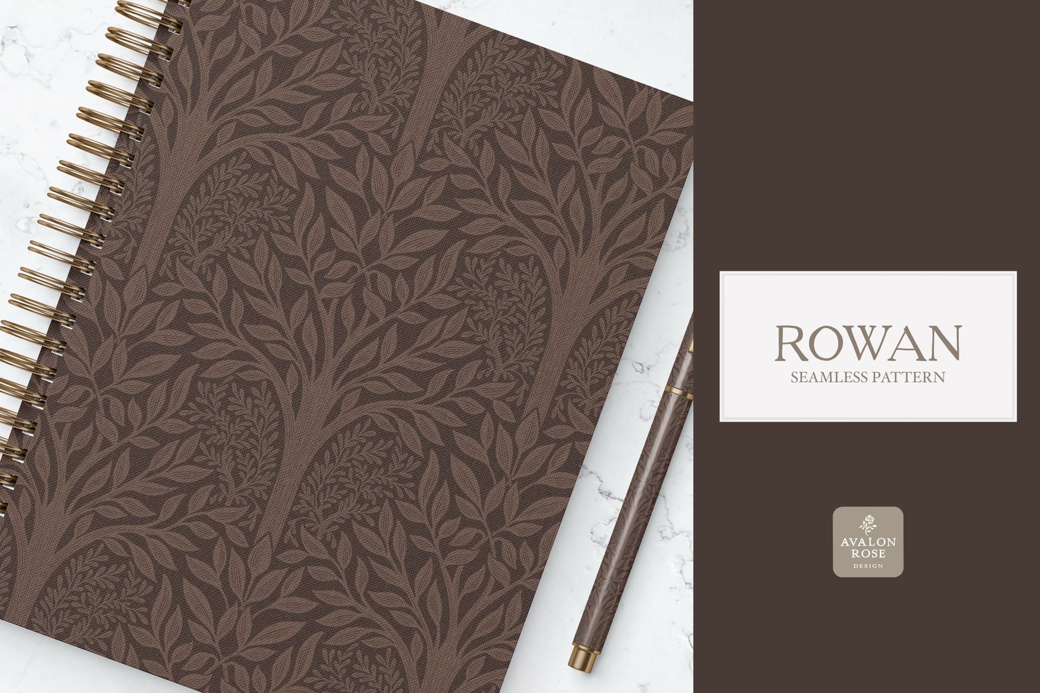 Hand drawn seamless pattern featuring woodland trees and leaves in dark brown on a spiral notebook