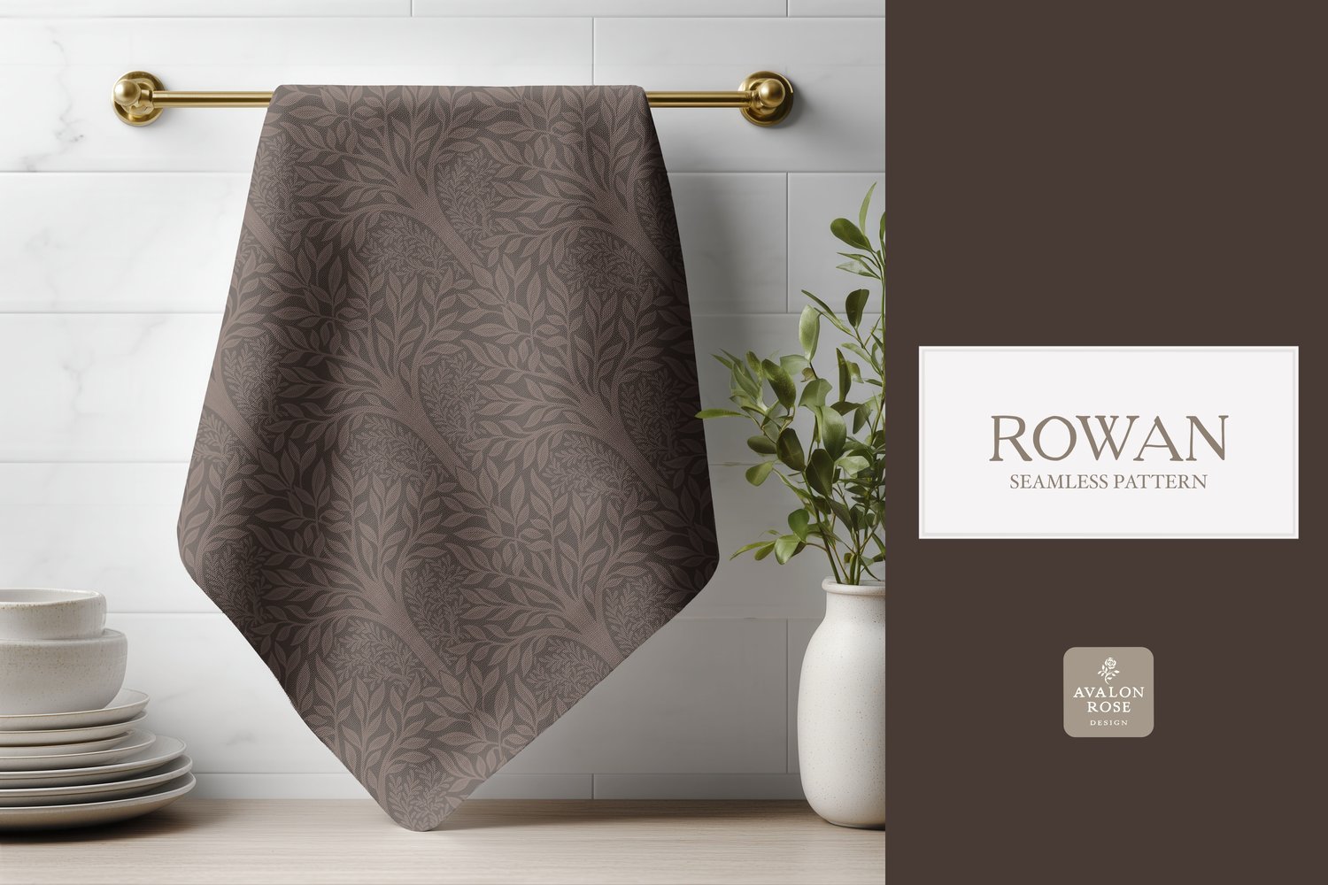Hand drawn seamless pattern featuring woodland trees and leaves in dark brown on a tea towel hanging on a brass rod