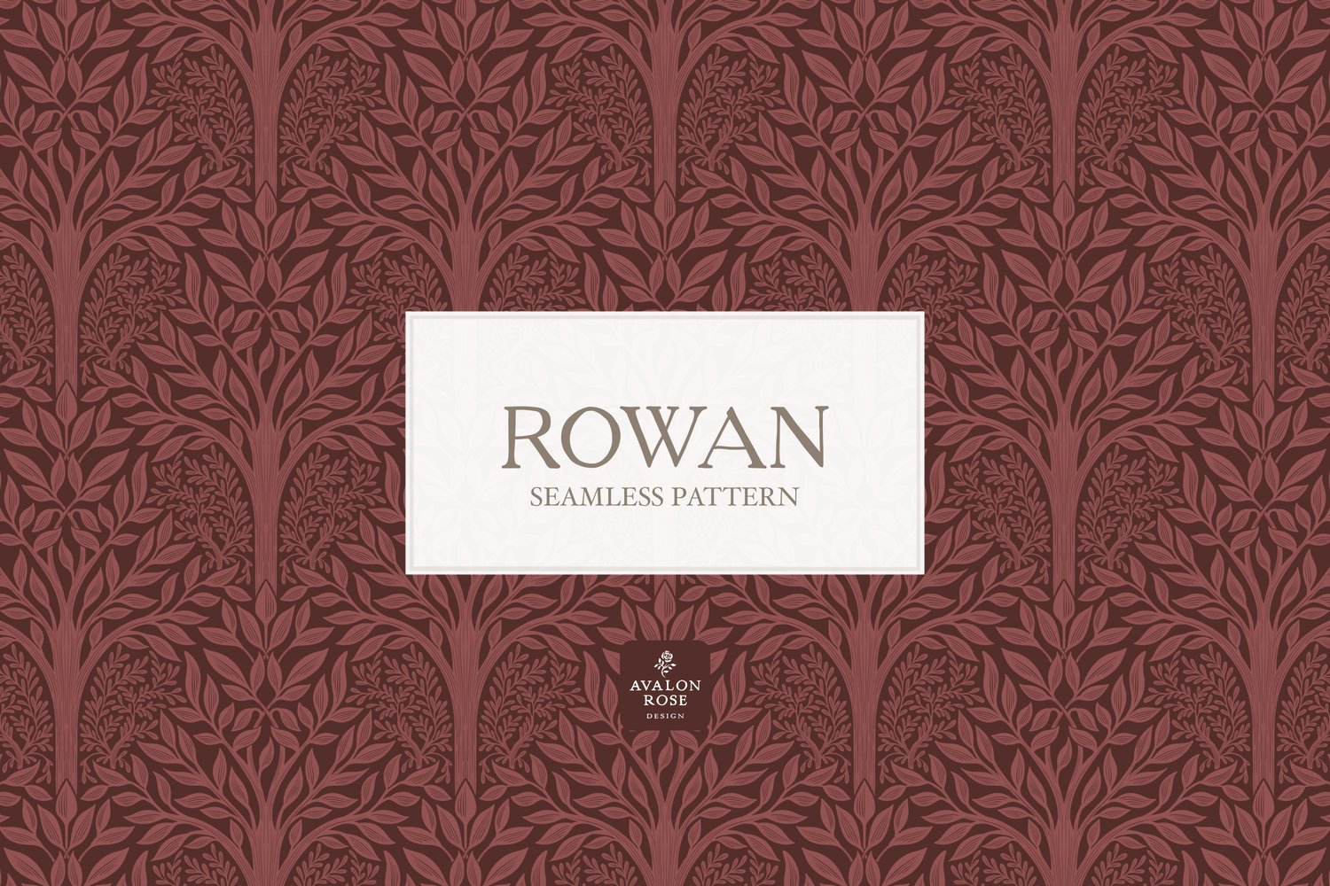 Hand drawn seamless pattern featuring woodland trees and leaves in red burgundy