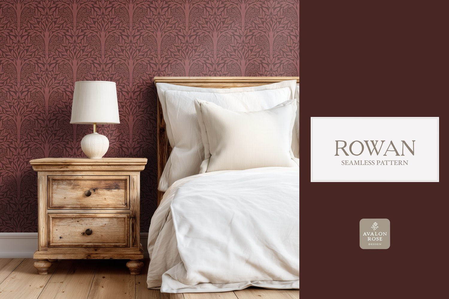 Hand drawn seamless pattern featuring woodland trees and leaves in red burgundy on wallpaper in a bedroom