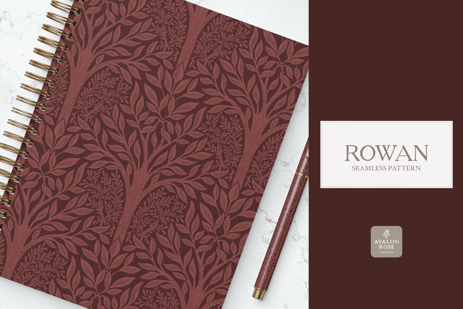 Hand drawn seamless pattern featuring woodland trees and leaves in red burgundy on a spiral notebook