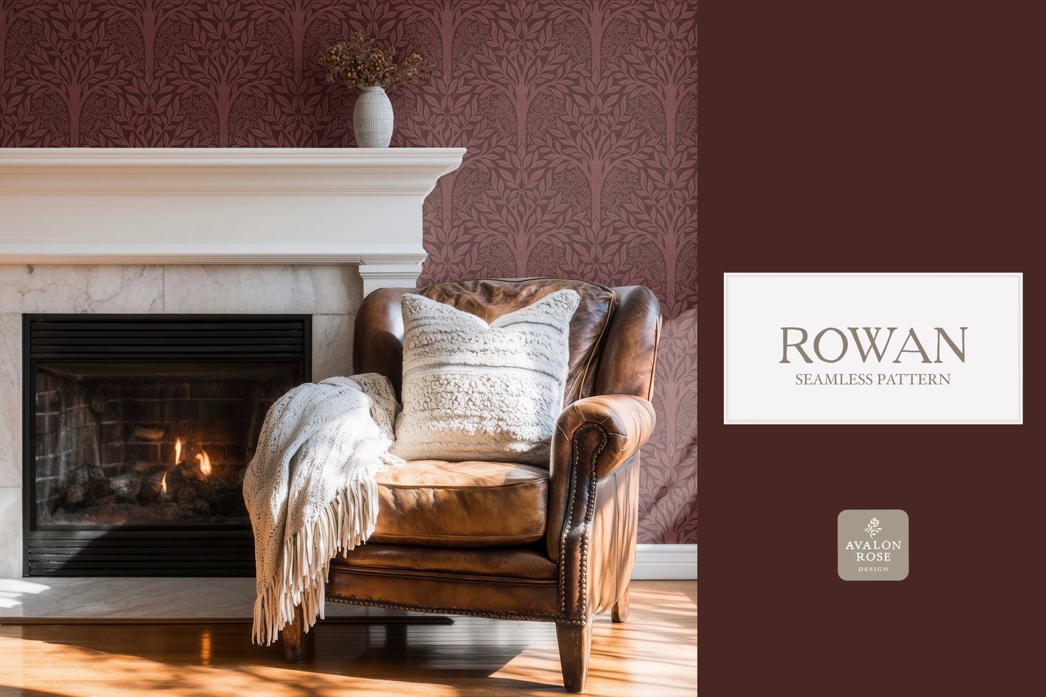 Hand drawn seamless pattern featuring woodland trees and leaves in red burgundy on wallpaper in a room with a fireplace