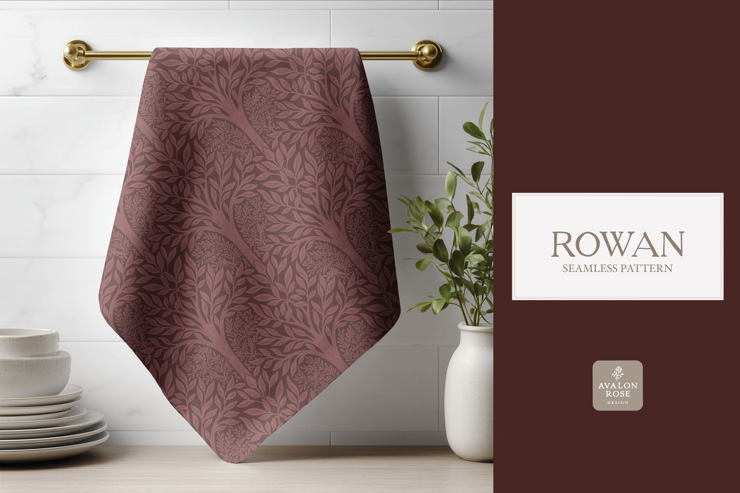 Hand drawn seamless pattern featuring woodland trees and leaves in red burgundy on a tea towel hanging on a rod