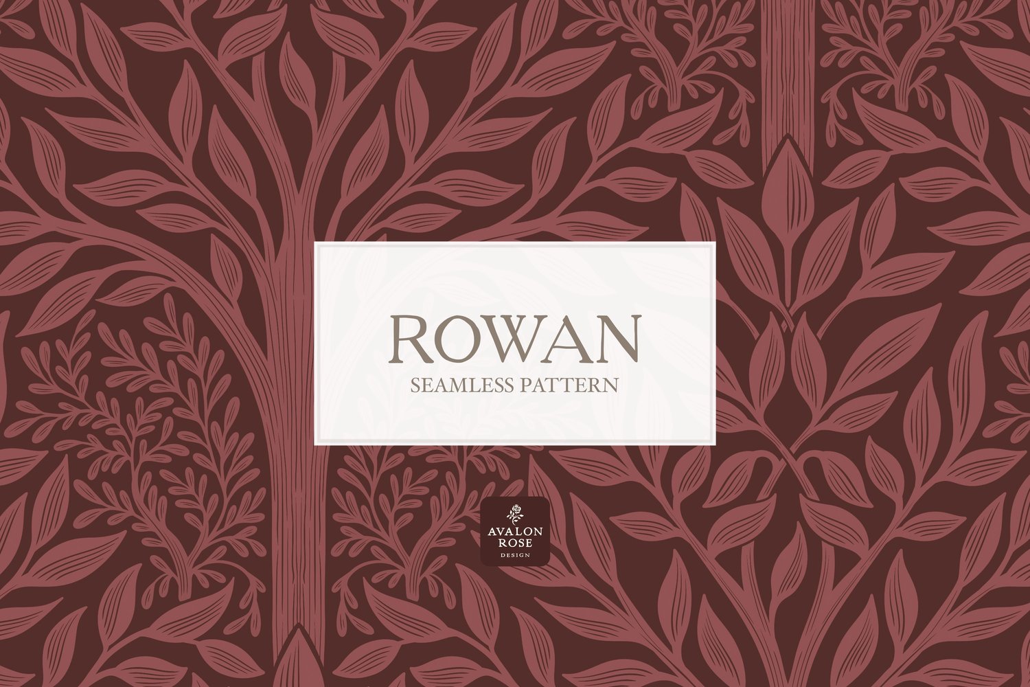 Hand drawn seamless pattern featuring woodland trees and leaves in red burgundy