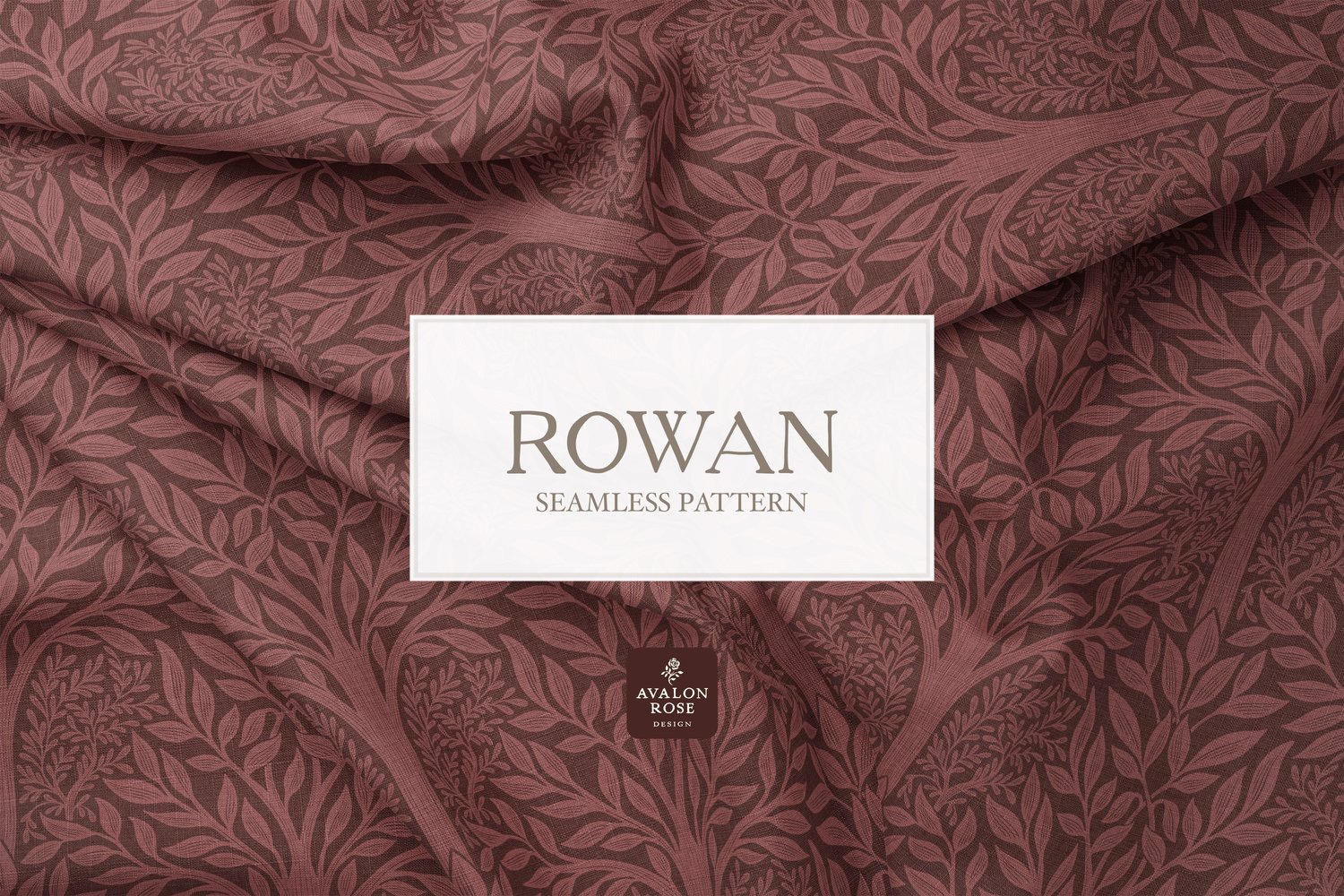 Hand drawn seamless pattern featuring woodland trees and leaves in red burgundy on creased fabric