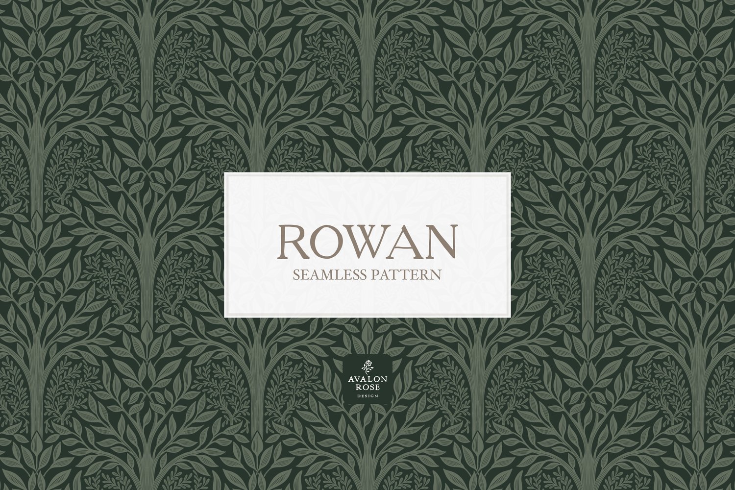 Hand drawn seamless pattern featuring woodland trees and leaves in hunter green