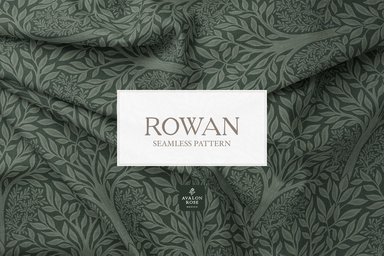 Hand drawn seamless pattern featuring woodland trees and leaves on creased fabric