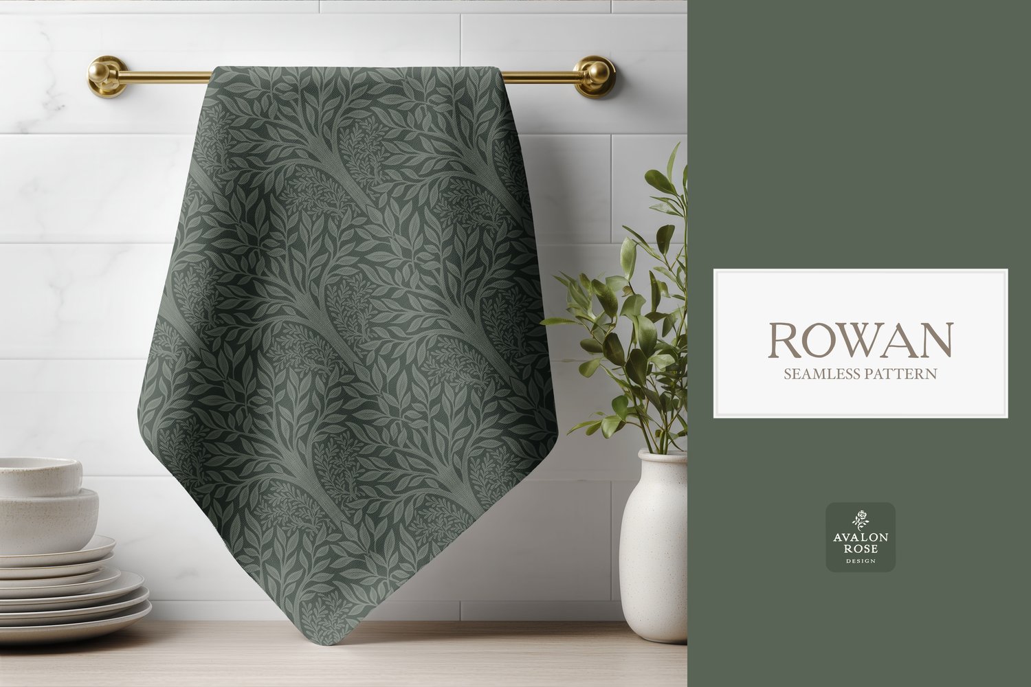 Hand drawn seamless pattern featuring woodland trees and leaves on a tea towel hanging on a brass rod