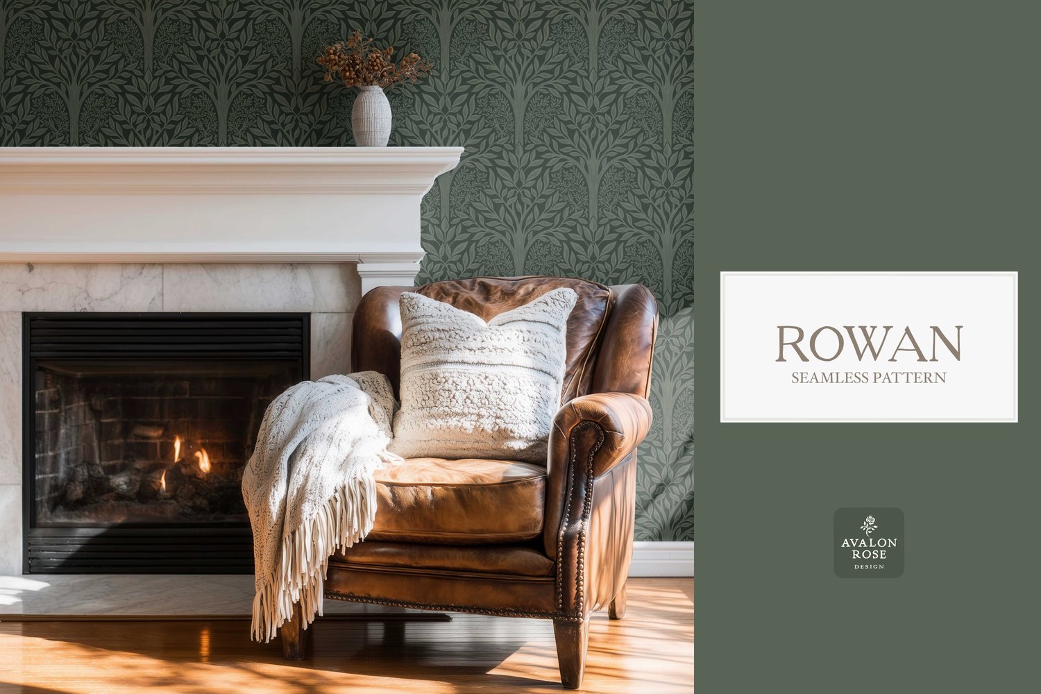 Hand drawn seamless pattern featuring woodland trees and leaves on wallpaper in a room with a fireplace