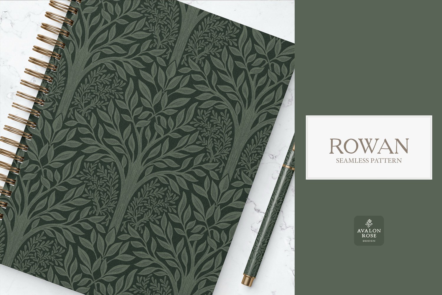 Hand drawn seamless pattern featuring woodland trees and leaves on a spiral notebook