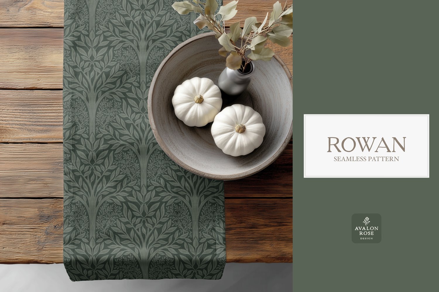 Hand drawn seamless pattern featuring woodland trees and leaves on a table runner next to a bowl of white pumpkins