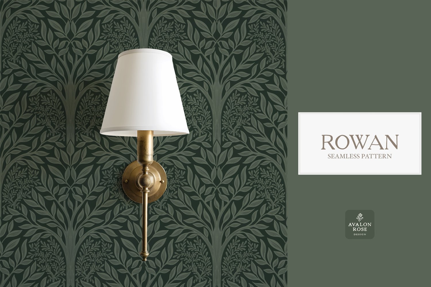 Hand drawn seamless pattern featuring woodland trees and leaves on wallpaper behind a wall sconce