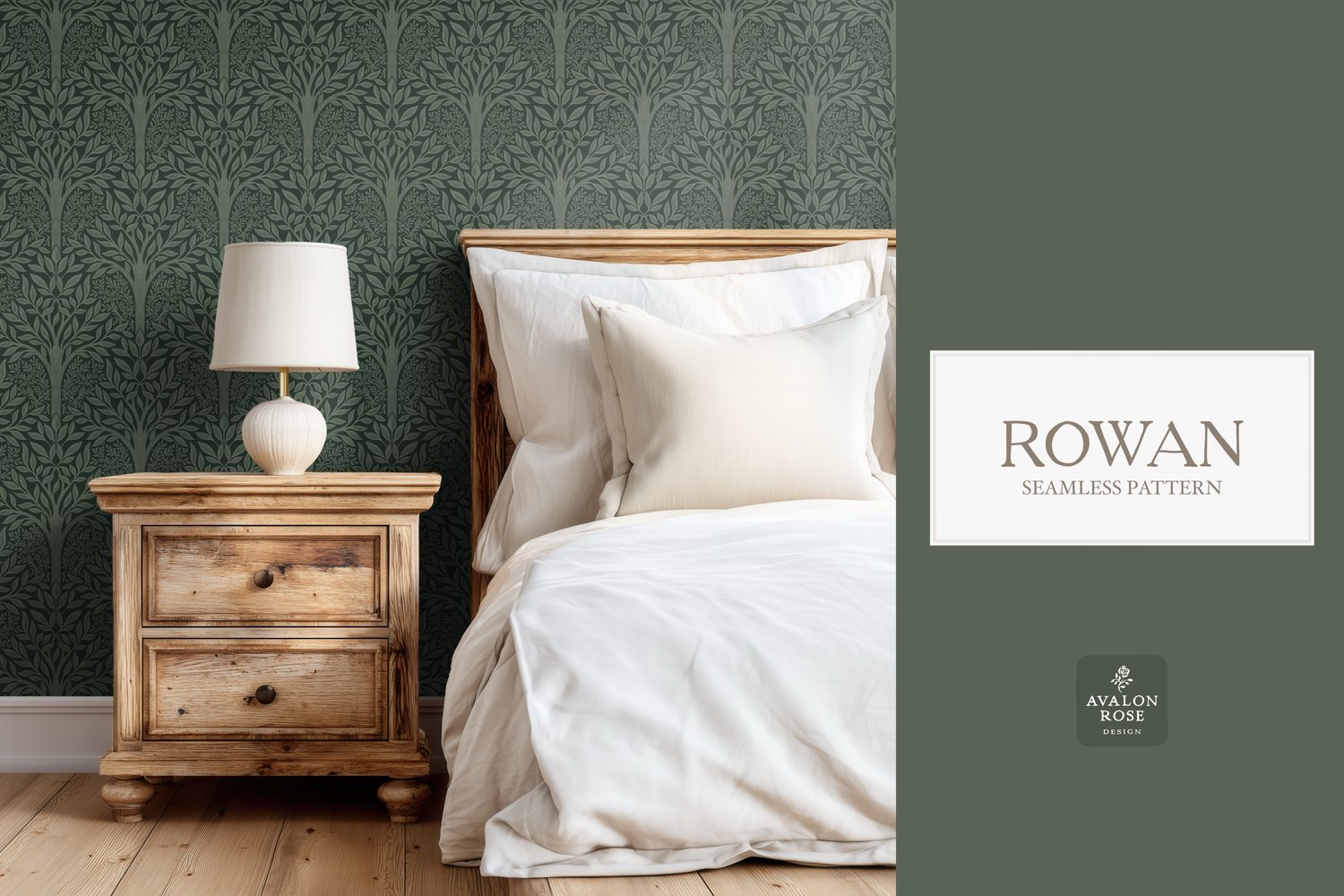 Hand drawn seamless pattern featuring woodland trees and leaves on wallpaper in a bedroom