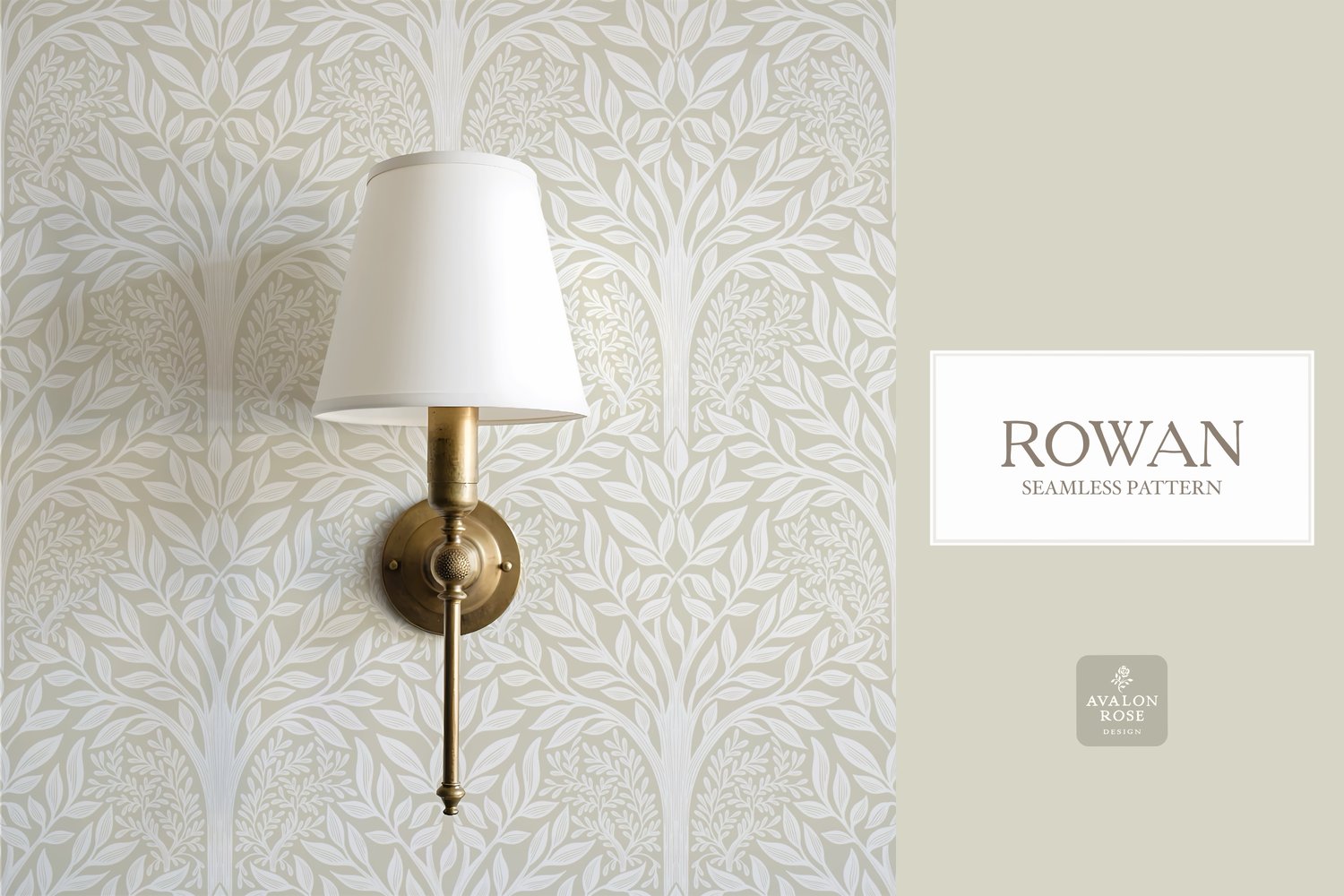 Hand drawn seamless pattern featuring woodland trees and leaves in cream and white on wallpaper behind a wall sconce