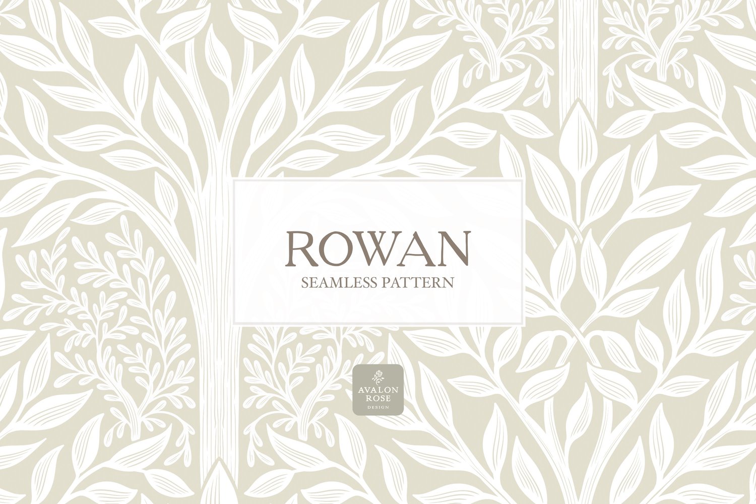 Hand drawn seamless pattern featuring woodland trees and leaves in cream and white