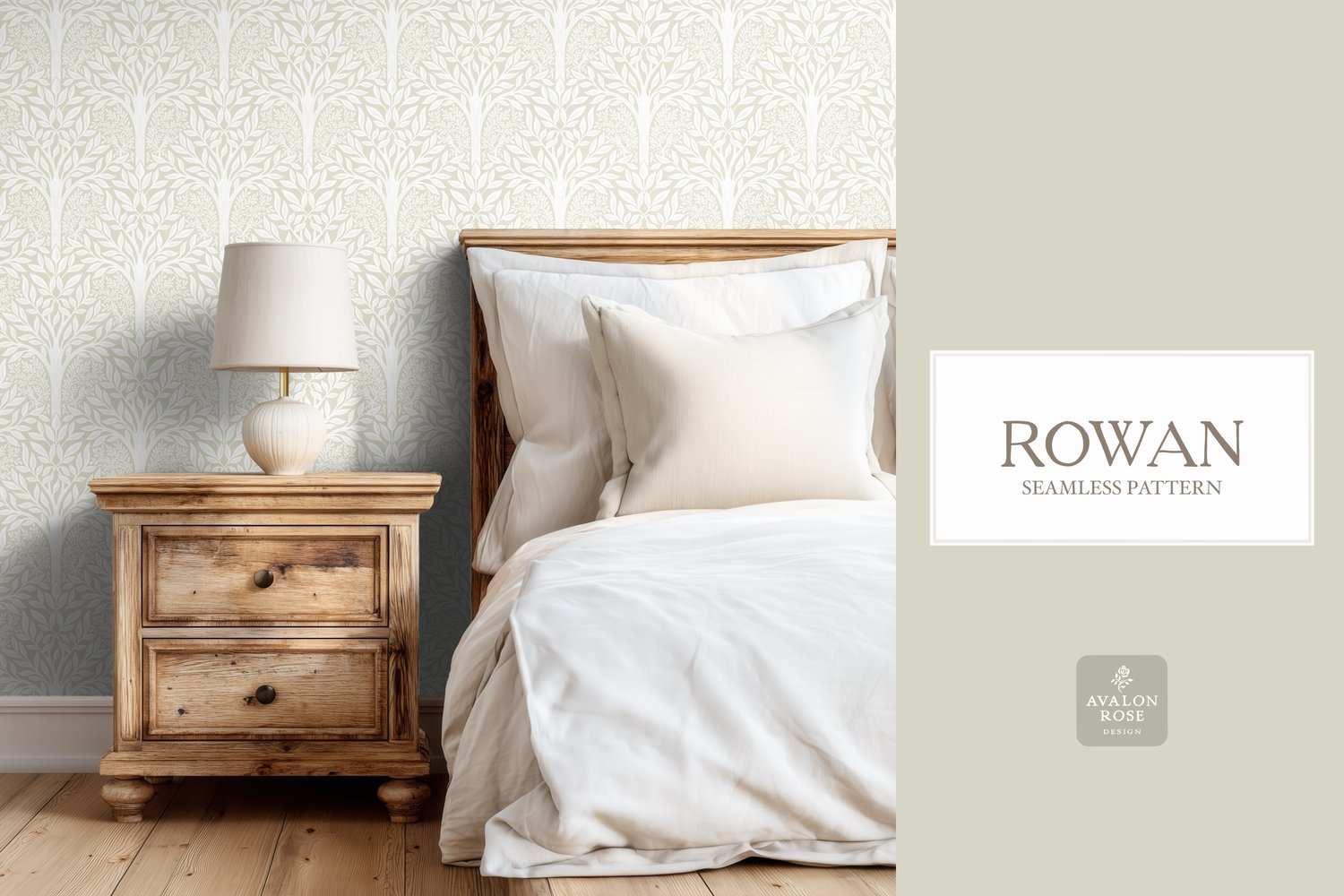 Hand drawn seamless pattern featuring woodland trees and leaves in cream and white on wallpaper in a bedroom