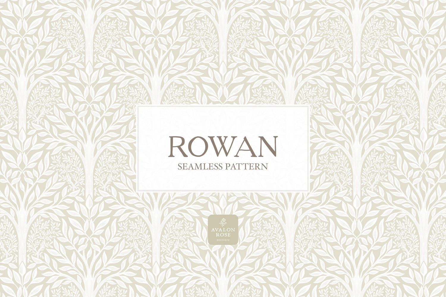 Hand drawn seamless pattern featuring woodland trees and leaves in cream and white