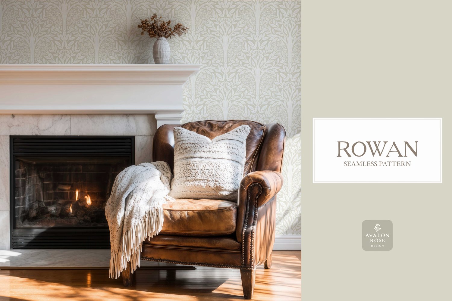 Hand drawn seamless pattern featuring woodland trees and leaves in cream and white on wallpaper in a room with a fireplace and leather chair