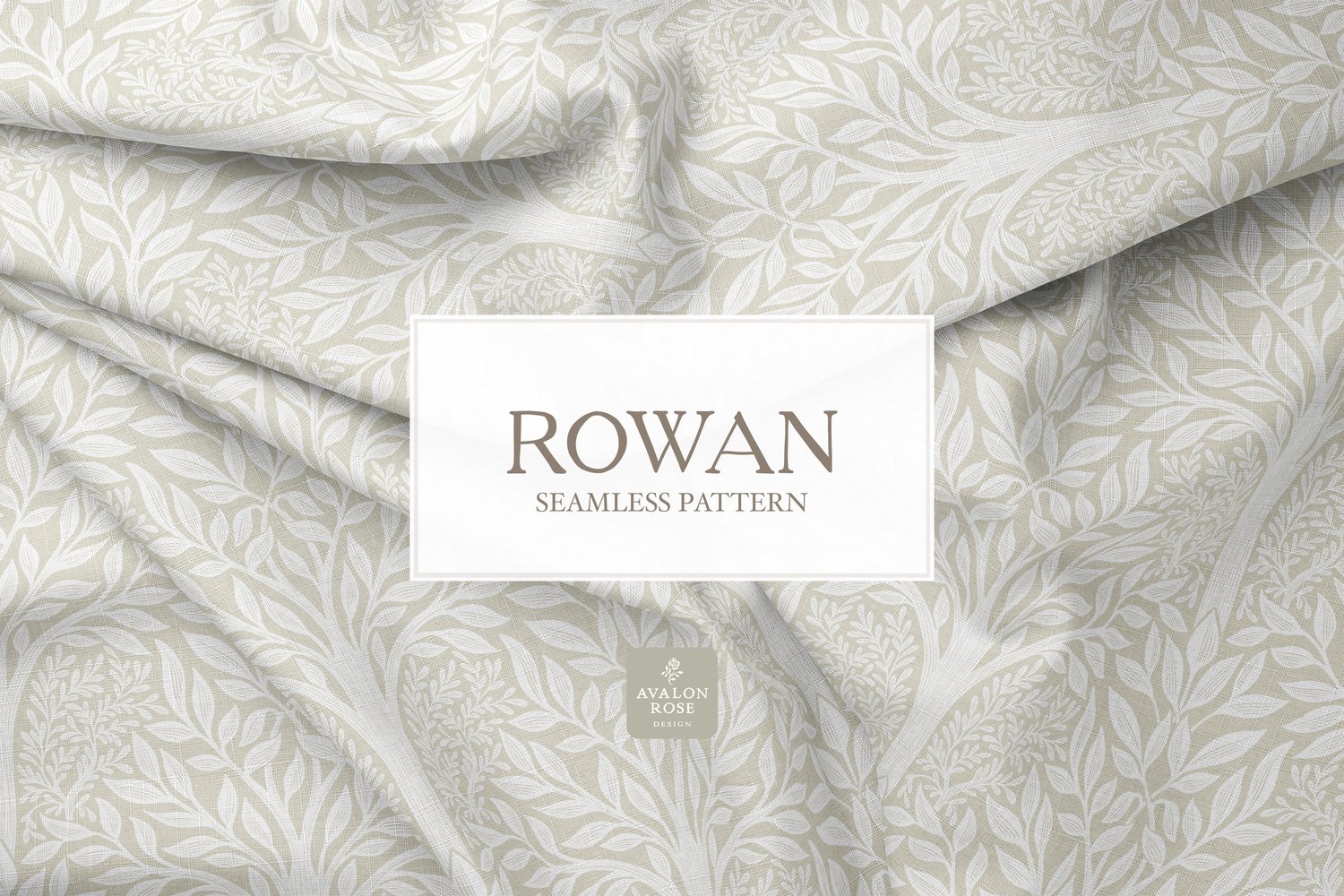 Hand drawn seamless pattern featuring woodland trees and leaves in cream and white on creased fabric