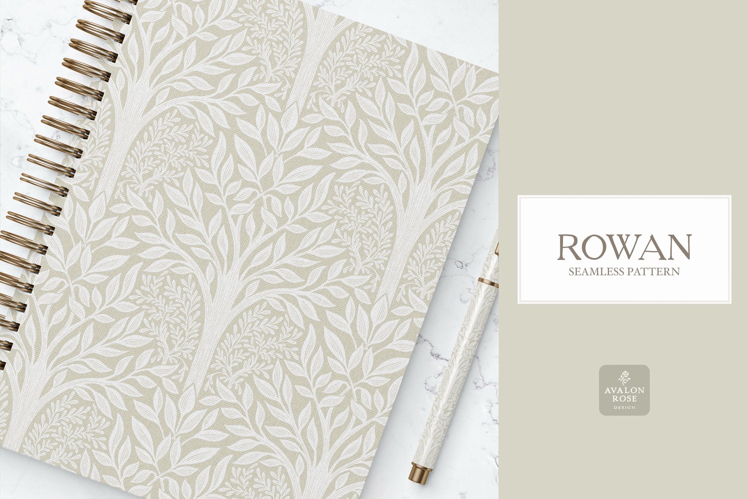 Hand drawn seamless pattern featuring woodland trees and leaves in cream and white on a spiral notebook with a pen