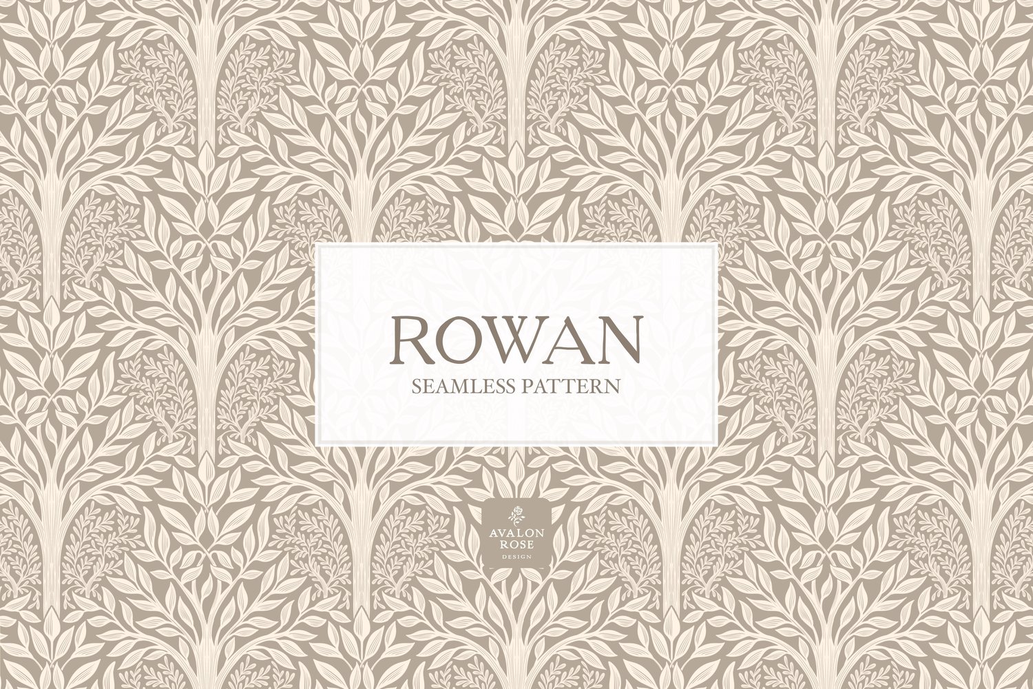 Hand drawn seamless pattern featuring woodland trees and leaves in beige