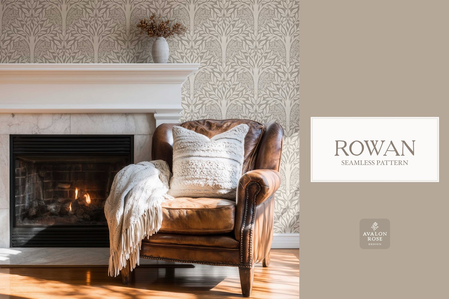 Hand drawn seamless pattern featuring woodland trees and leaves in beige in a room with a fireplace and leather chair